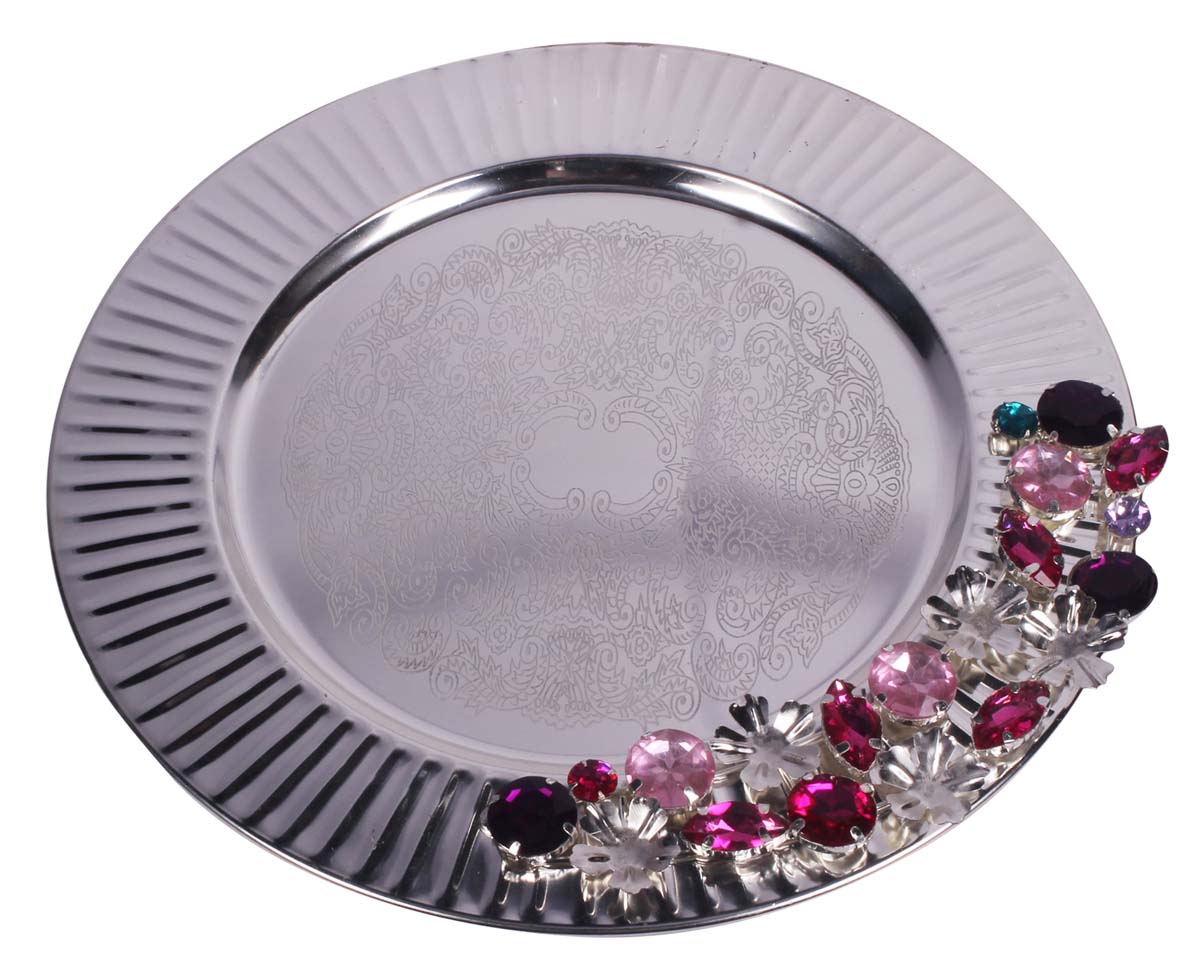 Buy in Bulk Wholesale Decorative Tray - 14” Round Metal Silver Color - Hand-Engraved Tray with Colorful Gem Stones - Rich Home Decor